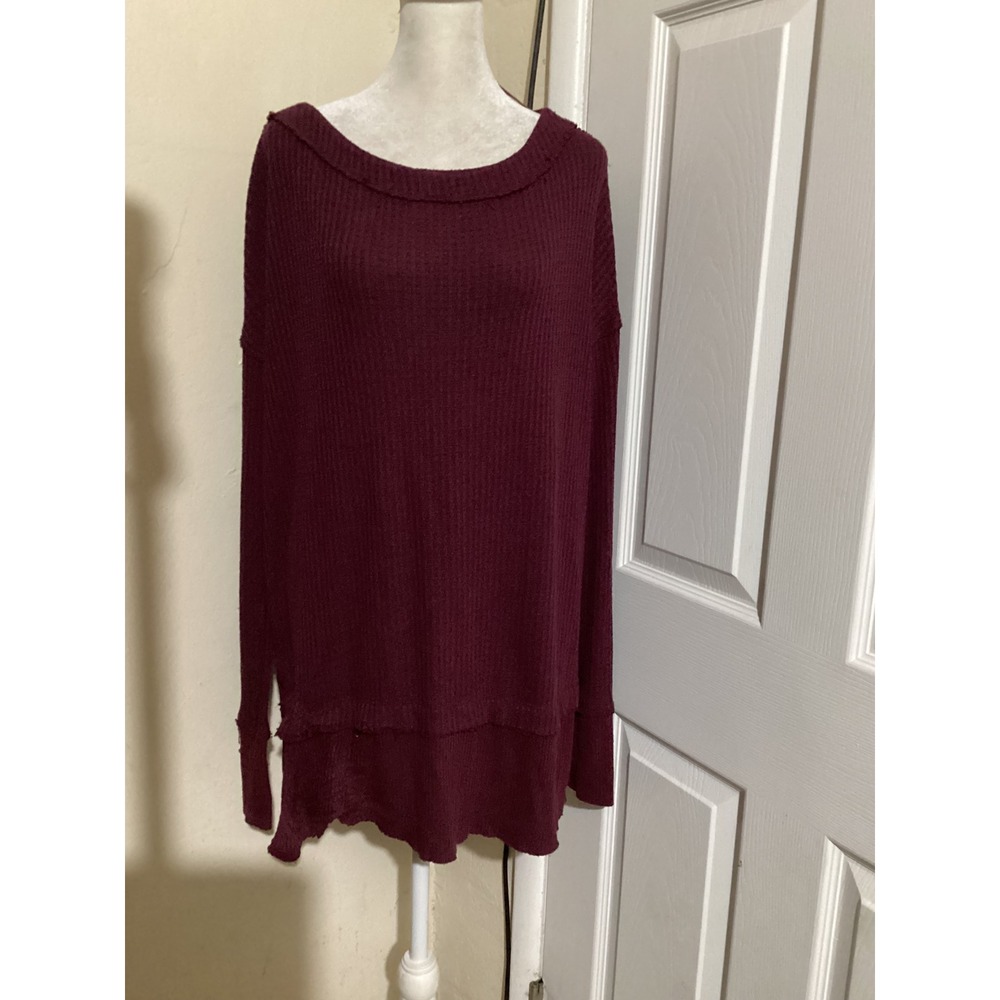Free People We The Free Burgundy Waffle Knit Thermal Oversized Top Small